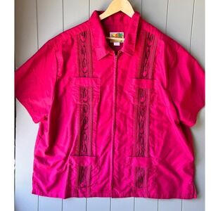 Haband Guayabera Shirt Mens 3X Pink Excellent Zip Front Short Sleeve Embroidered